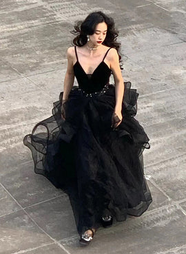 Black Straps V-neckline Tulle Party Dress, Black Evening Dress Prom Dress