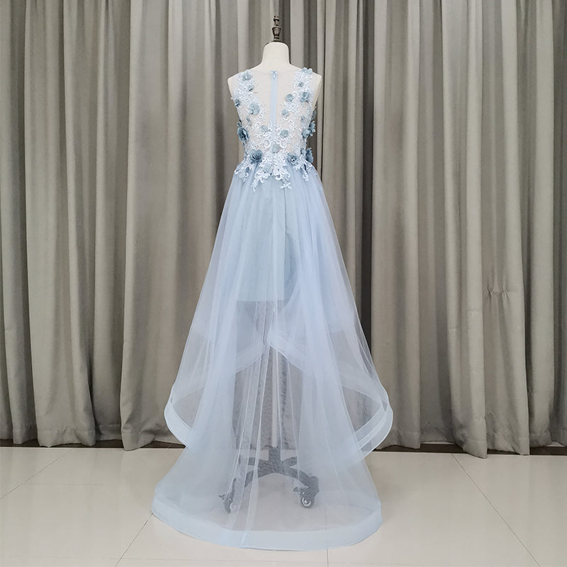 Light Blue Tulle Flowers High Low New Party Dress , Blue Prom Dress