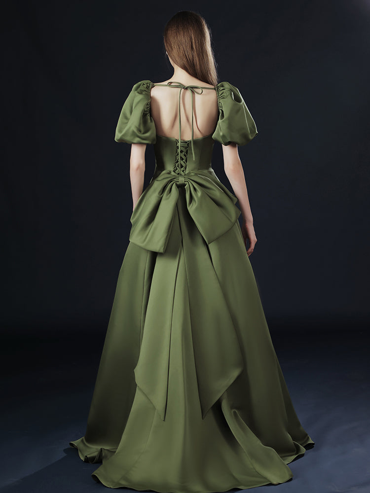 Green Satin Long Party Dress with Short Sleeves, Green A-line Low Back Prom Dress
