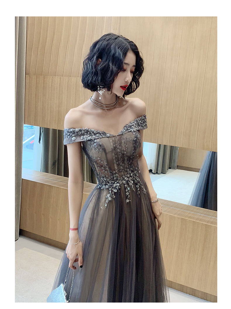 Dark Grey Tulle with Lace Applique Sweetheart Long Prom Dress, A-line Cutedressy Dark Grey Tulle with Lace Applique Sweetheart Long Prom Dress, A-line Cutedressy