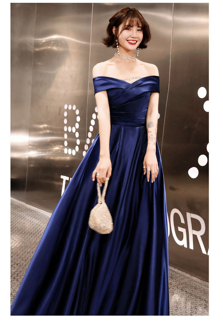 Beautiful Satin Navy Blue A-line Prom Dress, Off Shoulder Party Dress ...