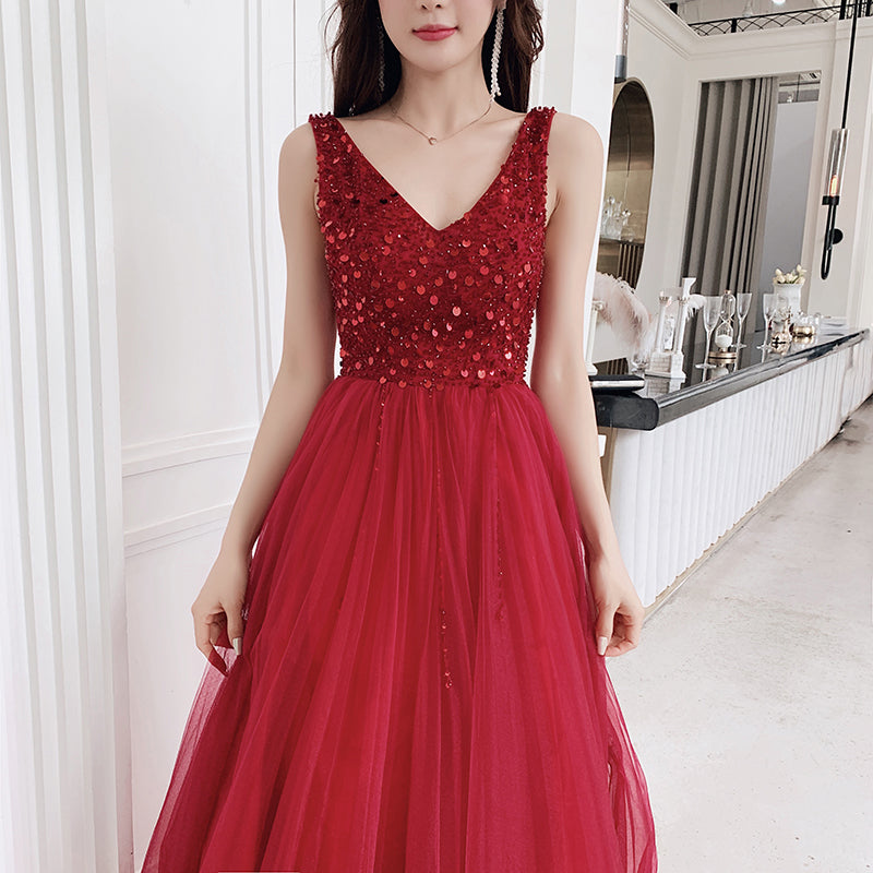 Sexy V-neckline Wine Red Tulle Floor Length Party Dress, Red Formal Gown