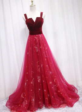 Beautiful Wine Red Tulle Long Straps Party Dress, A-line Formal Gown