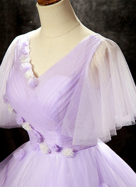 Light Purple Tulle with Flowers Cute Long Party Dress, Purple Sweet 16 Dress