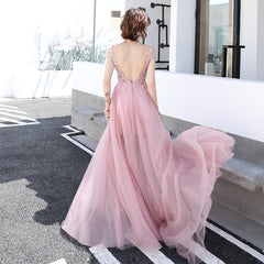 Pink Beaded V-neckline Tulle Long Party Dress, Pink Floor Length Prom Dress
