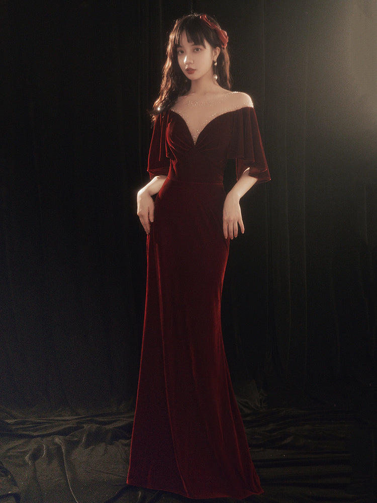 Wine Red Memaid Evening Dress Party Dress, Velvet Long Prom Dress