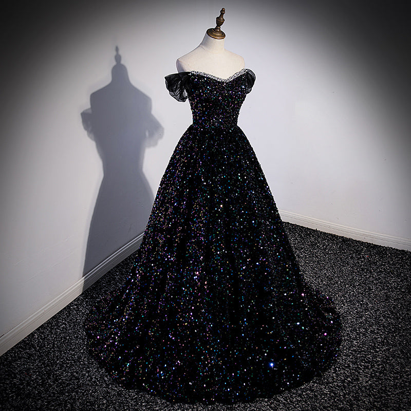 Black Off Shoulder Beaded Long Formal Dress, Black Shiny Sequins Eveni Cutedressy Black Off Shoulder Beaded Long Formal Dress, Black Shiny Sequins Eveni Cutedressy