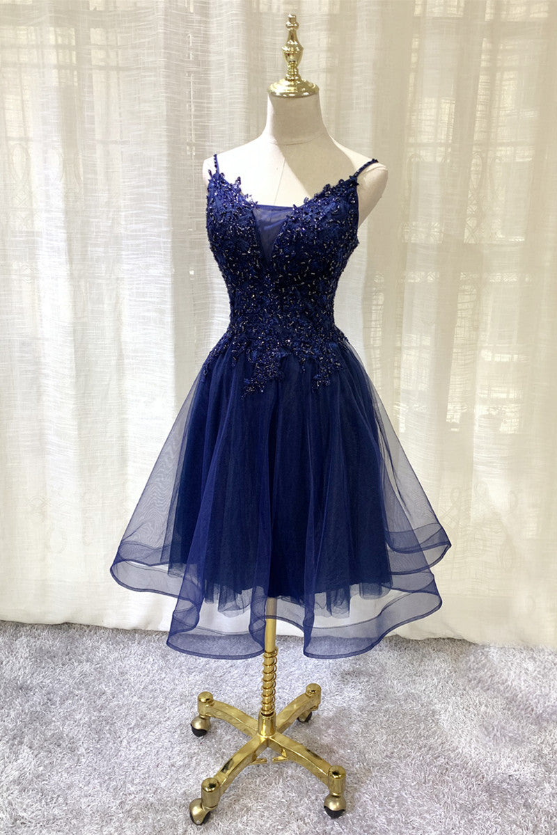 Navy Blue V-neckline Tulle Short Homecoming Dress, Lace Applique Short Cutedressy Navy Blue V-neckline Tulle Short Homecoming Dress, Lace Applique Short Cutedressy