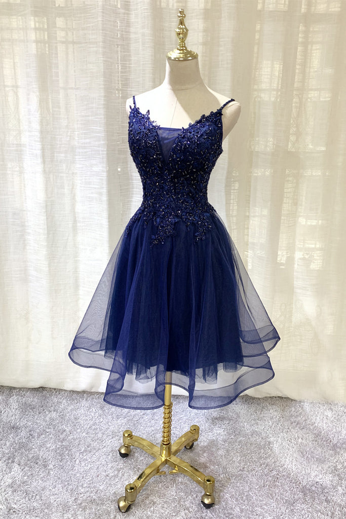 Navy Blue V-neckline Tulle Short Homecoming Dress, Lace Applique Short ...