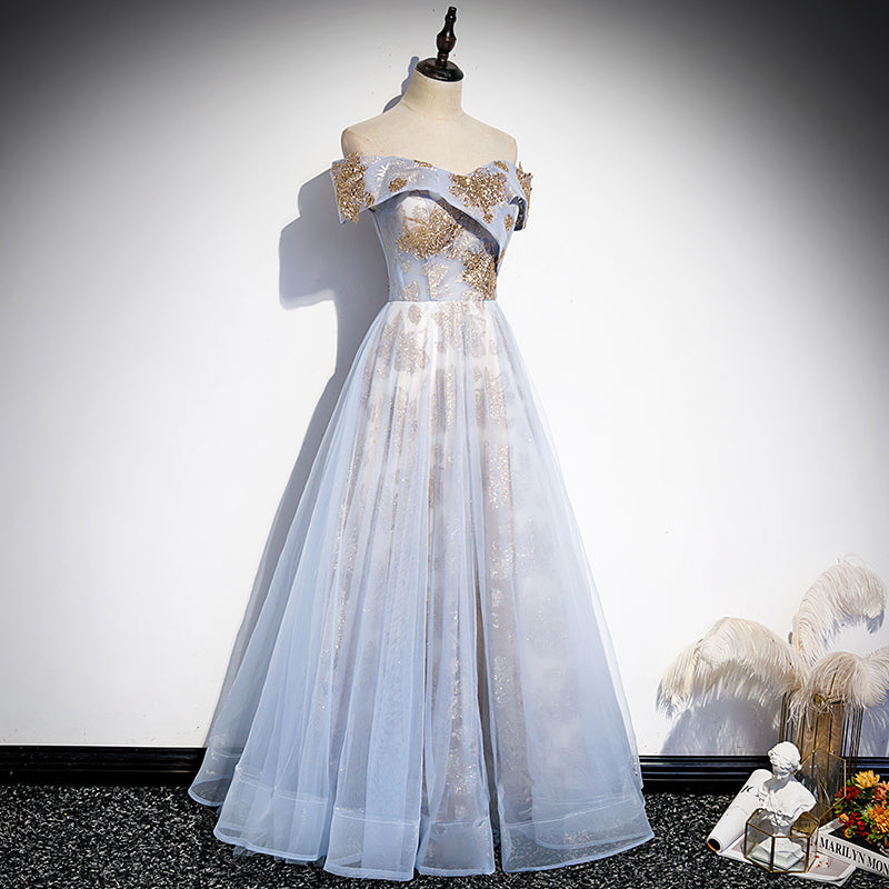 Light Blue Tulle with Gold Sequins Off Shoulder Prom Dress, Blue A-lin Cutedressy Light Blue Tulle with Gold Sequins Off Shoulder Prom Dress, Blue A-lin Cutedressy