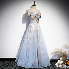 Light Blue Tulle with Gold Sequins Off Shoulder Prom Dress, Blue A-line Formal Dress Evening Dress