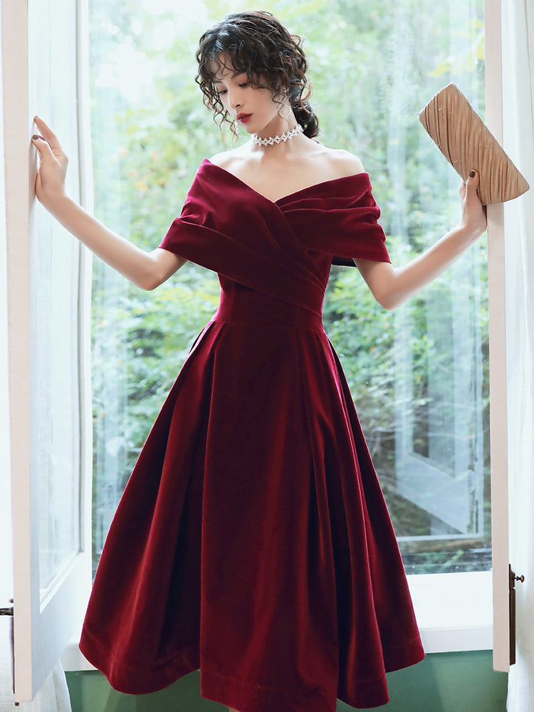 Beautiful Wine Red Velvet Tea Length Party Dress, Bridesmaid Dress
