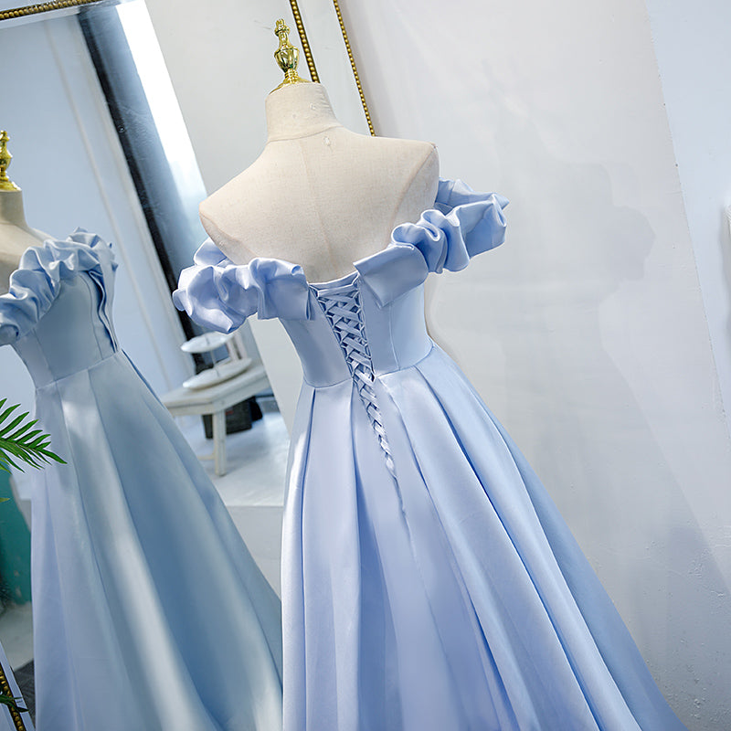 Blue Satin Simple Off Shoulder Long Party Dress 2022, A-line Light Blue Prom Dresses