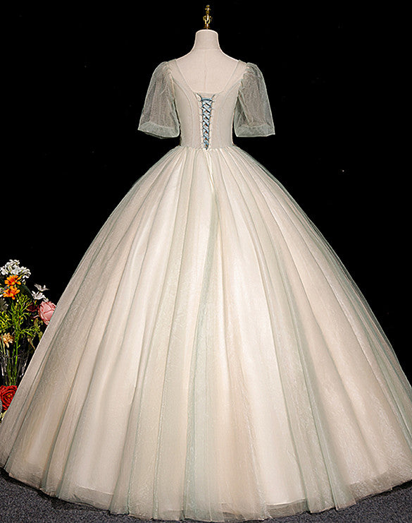 Lovely Green and Champagne Ball Gown Long Party Dress, Short Sleeves S Cutedressy Lovely Green and Champagne Ball Gown Long Party Dress, Short Sleeves S Cutedressy