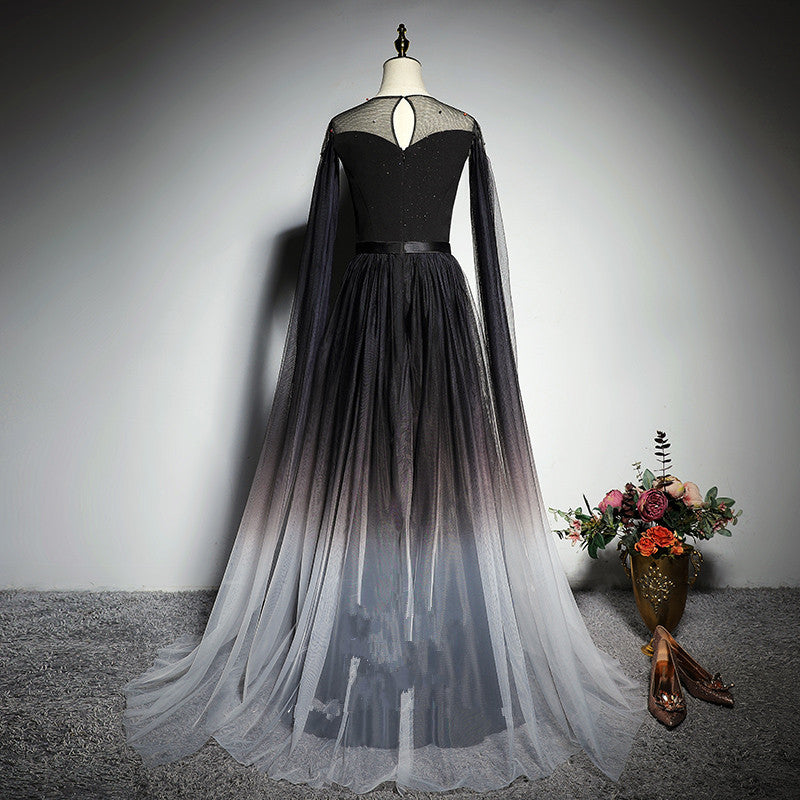 Black Gradient Round Neckline Tulle Long Formal Dress, Black Evening G – Cutedressy Black Gradient Round Neckline Tulle Long Formal Dress, Black Evening G – Cutedressy