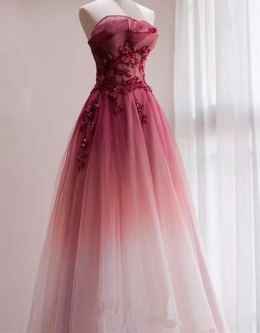 Red Beaded Gradient Tulle Long Party Dress, A-line Elegant Lace-up Prom Dress