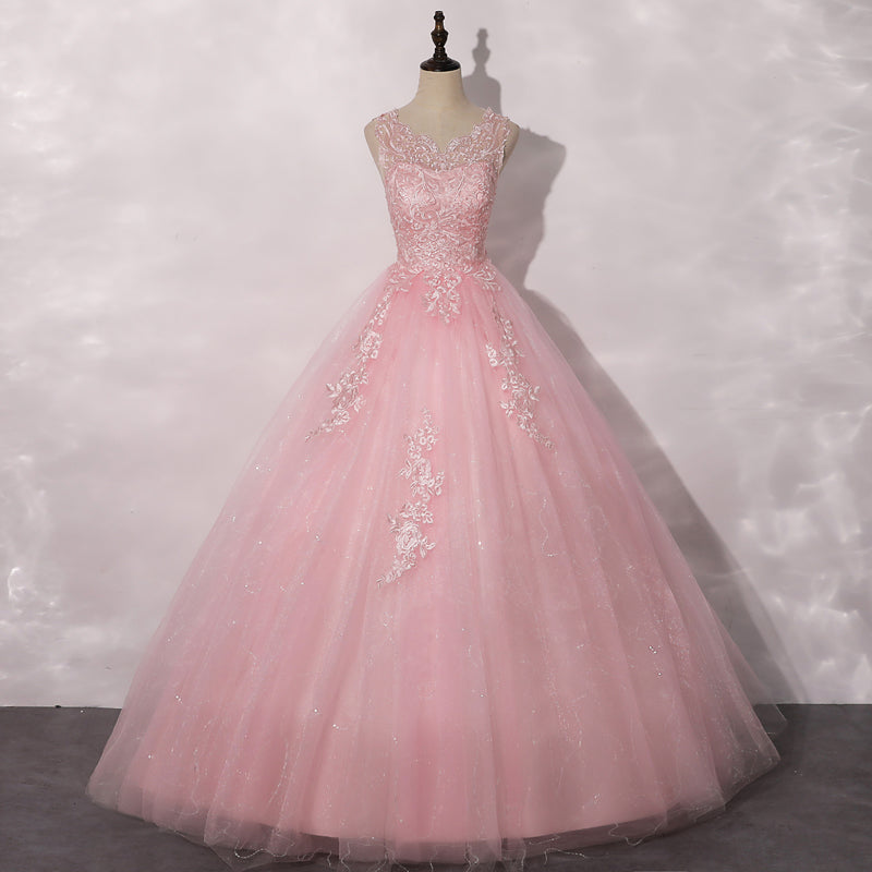 Lovely Pink Tulle Round Neckline Sweet 16 Dress, Pink Quinceanera Dress