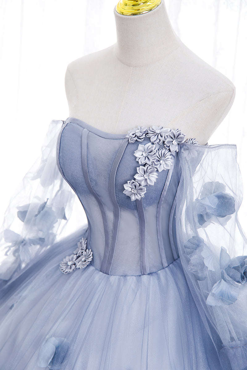 Light Blue Tulle Long Sleeves with Flowers, Blue Junior Prom Dresses Cutedressy Light Blue Tulle Long Sleeves with Flowers, Blue Junior Prom Dresses Cutedressy