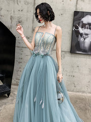 Blue Tulle A-line Long Party Dress with Straps, Blue Long Prom Dress
