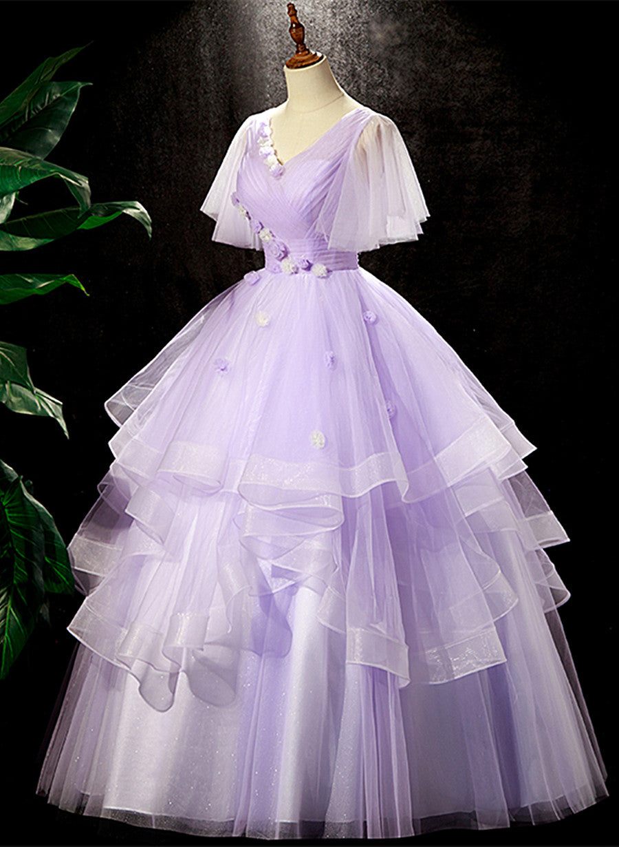 light purple ruffle dress Straps Tulle A-line Long Prom Dressesforparty Ruffled detailing Light Purple Off-Shoulder Layered Tulle
