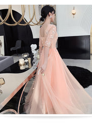 Beautiful Pink Short Sleeves Lace Long Party Dress, New Formal Gown