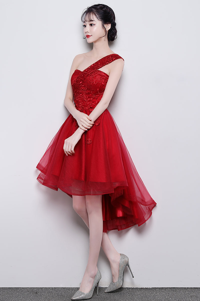 Cute One Shoulder Sweetheart Tulle High Low Party Dress, Red Homecoming Dress