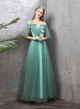 A-line Tulle Blue Floor Length Party Dress, Simple Prom Dress Long Wedding Party Dress