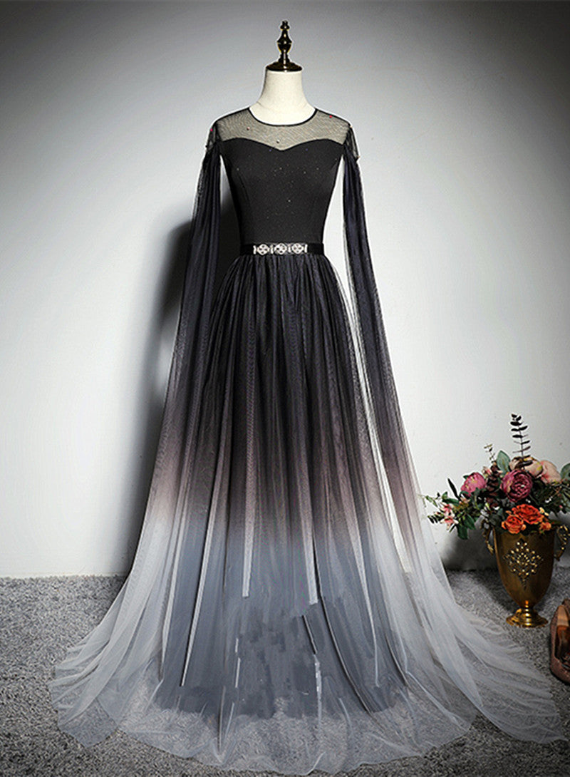 Black Gradient Round Neckline Tulle Long Formal Dress, Black Evening Gown Party Dress