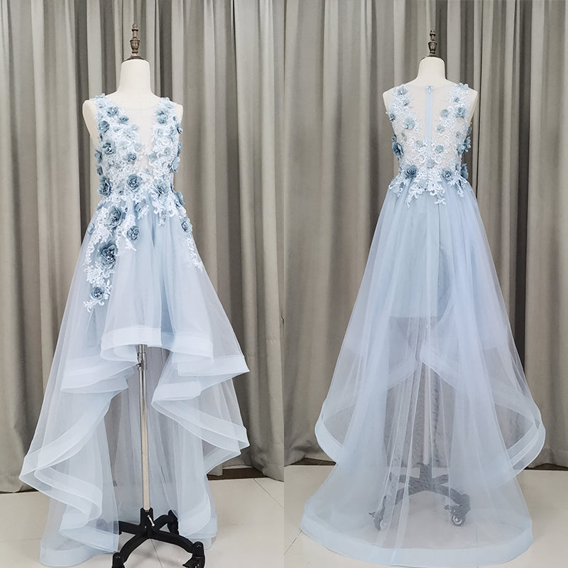 Light Blue Tulle Flowers High Low New Party Dress , Blue Prom Dress