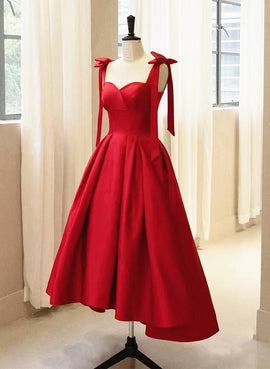 Red Satin High Low Straps Party Dress, Red Homecoming Dress Prom Dress