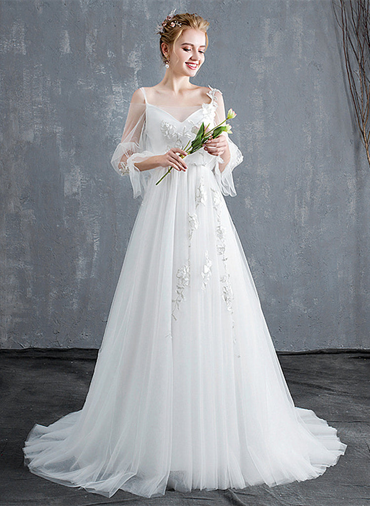 Beautiful White Tulle Two Piece Lace Party Dress, Simple White Evening Gown