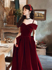 Wine Red Velvet Off Shoulder Long Evening Dress, Dark Red Party Dress Formal Dress