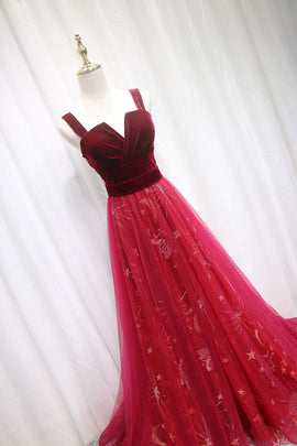 Beautiful Wine Red Tulle Long Straps Party Dress, A-line Formal Gown