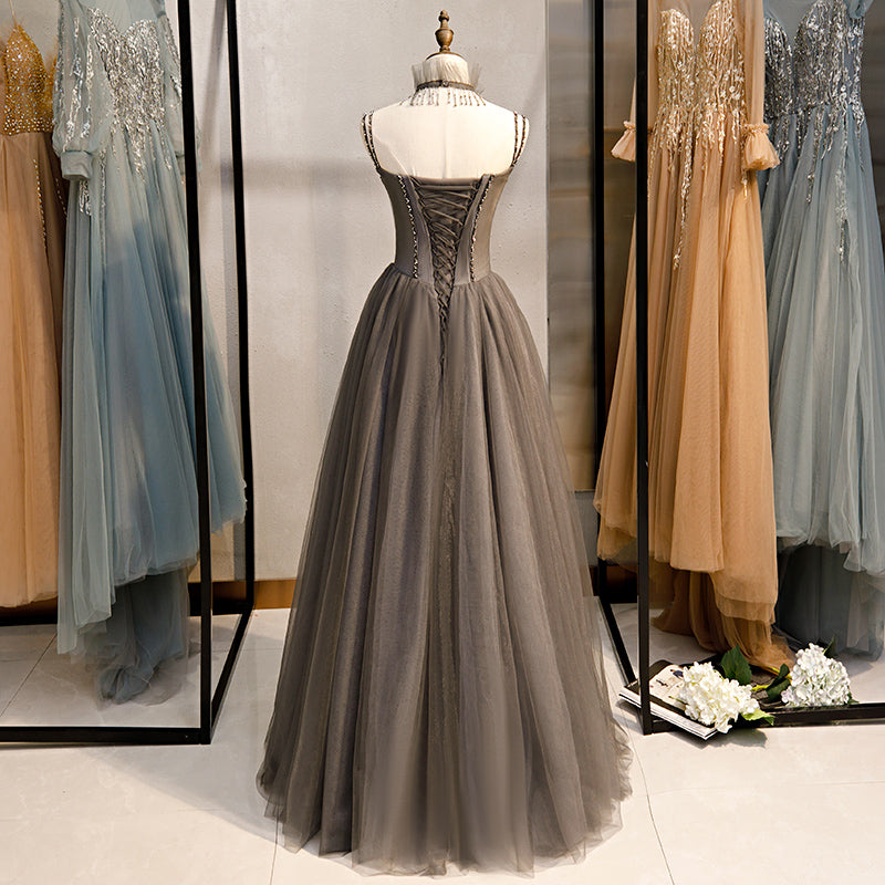 Glam Grey Beaded Tulle Long Evening Dress Party Dress, A-line Straps Evening Formal Dresses