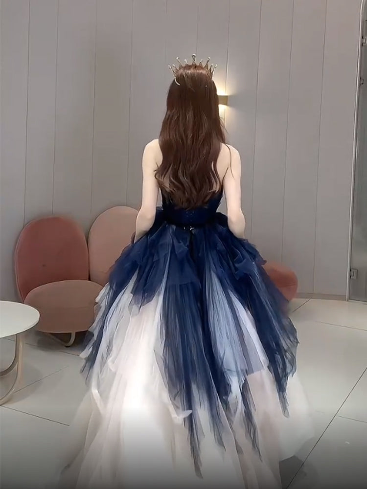 white and dark blue dress Navy Blue and Ivory Tulle Sweetheart Formal Dress, Layers Tulle Prom D – Cutedressy