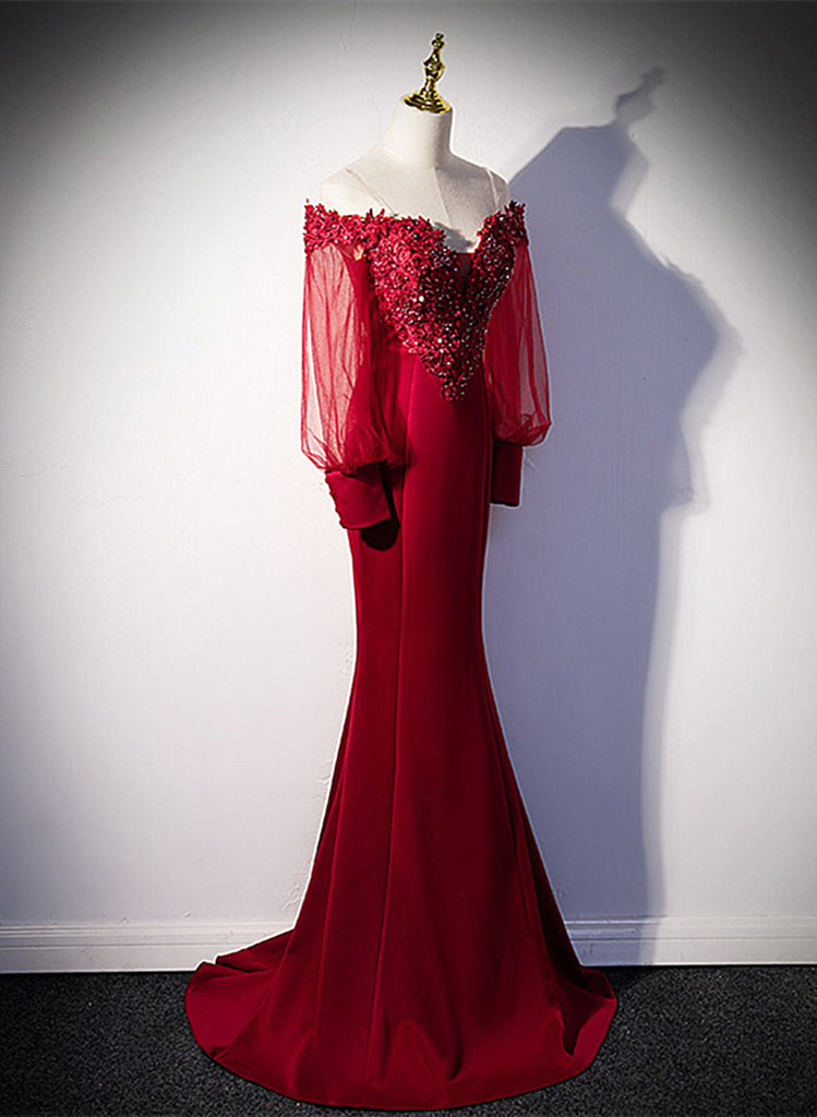 Burgundy Mermaid Long Sleeves Spandex with Lace Prom Dress, Burgundy W ...