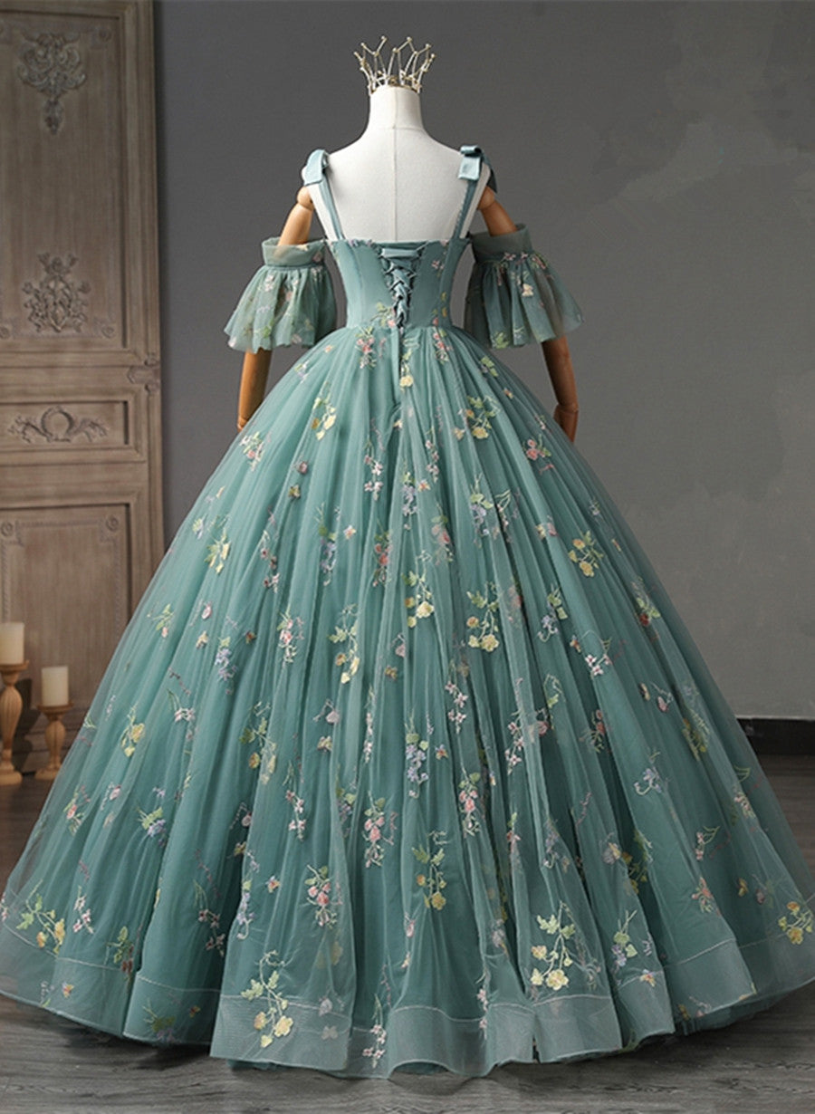 Green Floral Tulle Off Shoulder Party Dress, Elegant Long Sweet 16 Dre Cutedressy Green Floral Tulle Off Shoulder Party Dress, Elegant Long Sweet 16 Dre Cutedressy