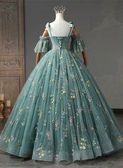 Green Floral Tulle Off Shoulder Party Dress, Elegant Long Sweet 16 Dress