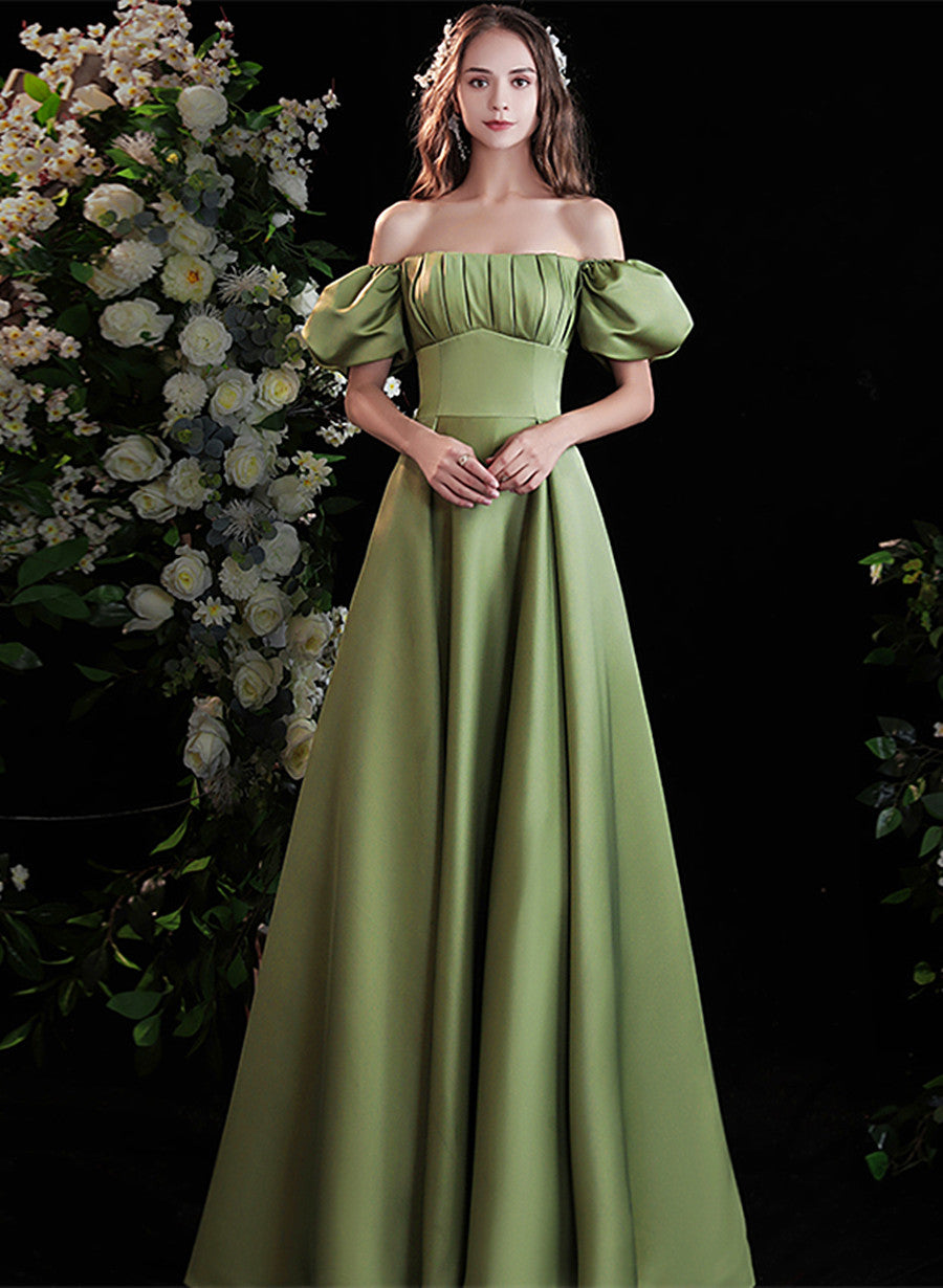 Green Satin Short Sleeves Scoop Neckline Prom Dress, Green Long Formal Dress