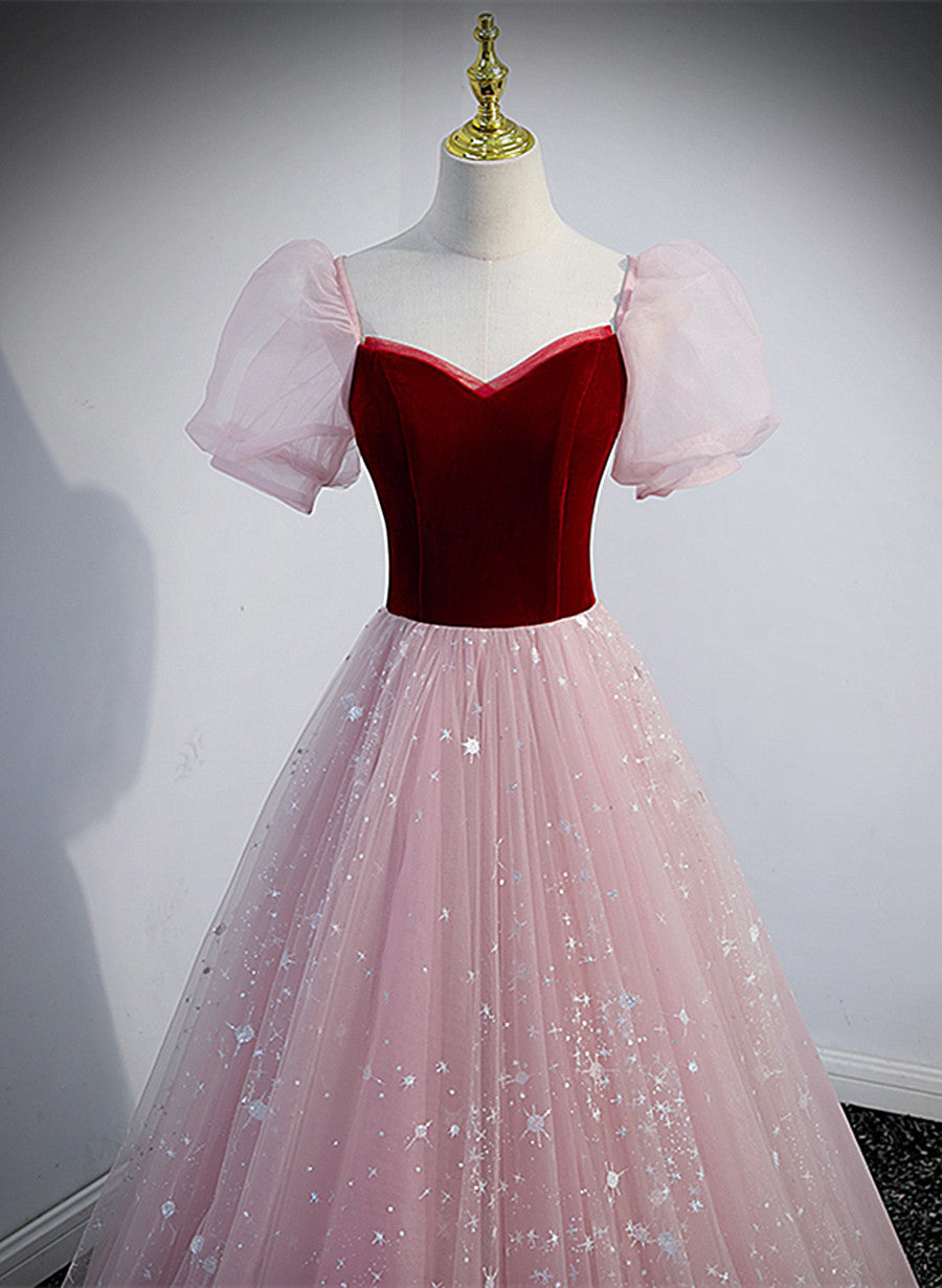 Pink Tulle with Wine Red Velvet Sweetheart Prom Dress, A-line Long Party Dress