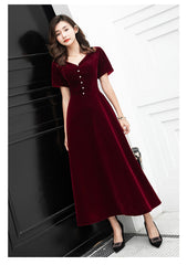 Wine Red Tea Length Short Sleeves Vintage Style Party Dress, Velvet Bridesmaid Dress