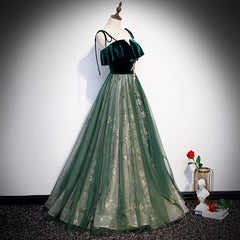 Custom Green Tulle and Velvet Straps Long Party Dress, Green Prom Dress for Kendel