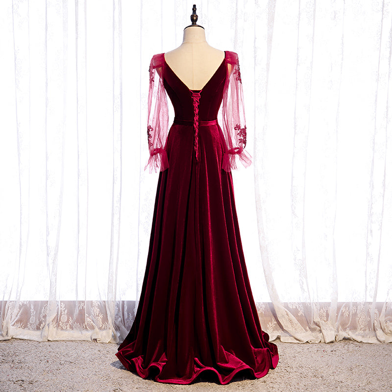 Wine Red Velvet Long Party Dress Prom Dress, A-line Long Sleeves Forma Cutedressy Wine Red Velvet Long Party Dress Prom Dress, A-line Long Sleeves Forma Cutedressy