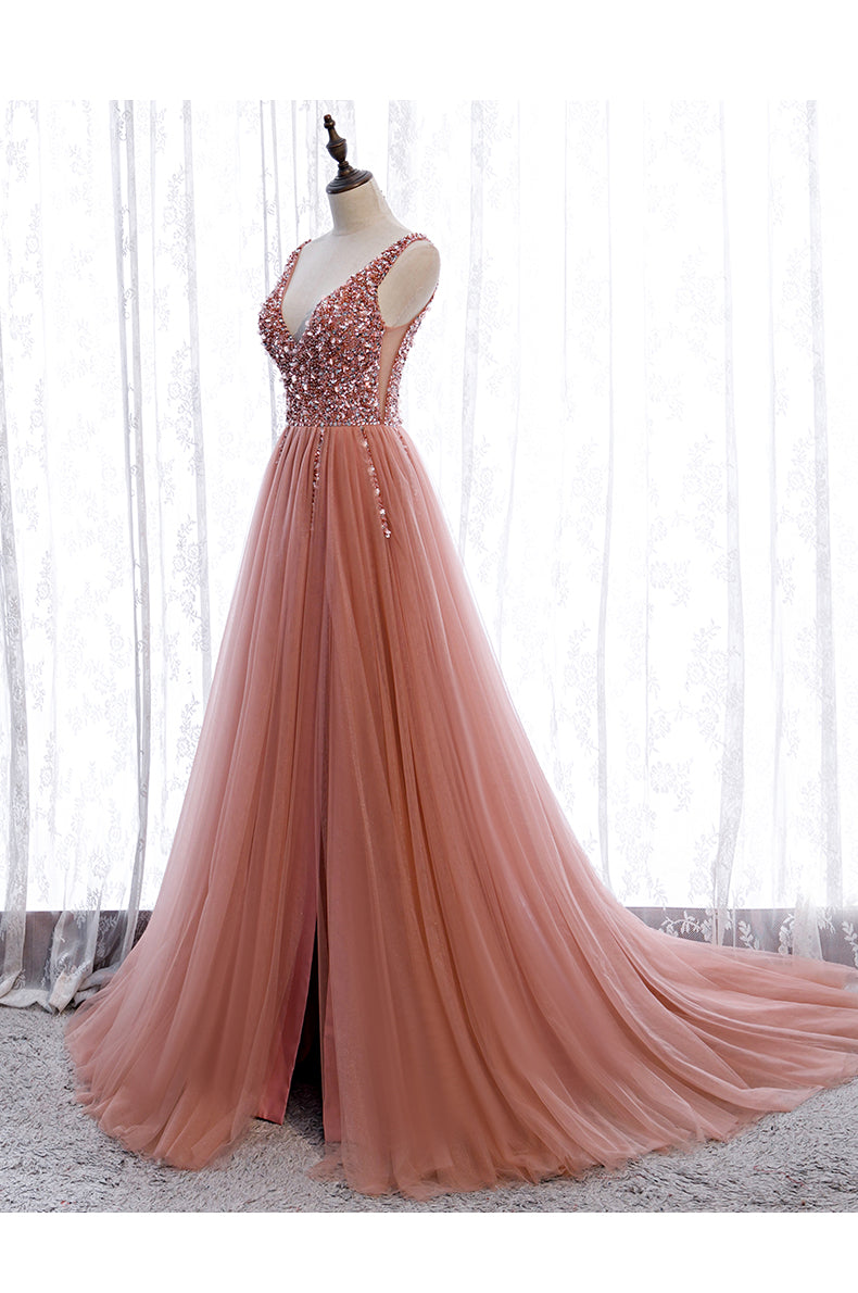 Pink Long Sparkle Beaded Tulle Slit Prom Dress,Pink V-neckline Evening Cutedressy Pink Long Sparkle Beaded Tulle Slit Prom Dress,Pink V-neckline Evening Cutedressy