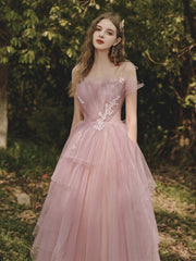 Beautiful Pink Tulle Long Formal Gown Sweet 16 Dress, Pink Lovely Party Dresses