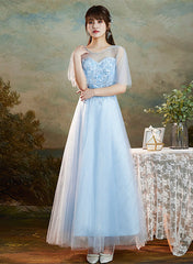 Light Blue Round Neckline Sweetheart Long Party Dress, A-line Blue Bridesmaid Dresses