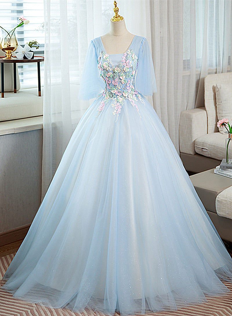 Light Blue V-neckline Long Puffy Sleeves Party Dress, Blue Evening Gown