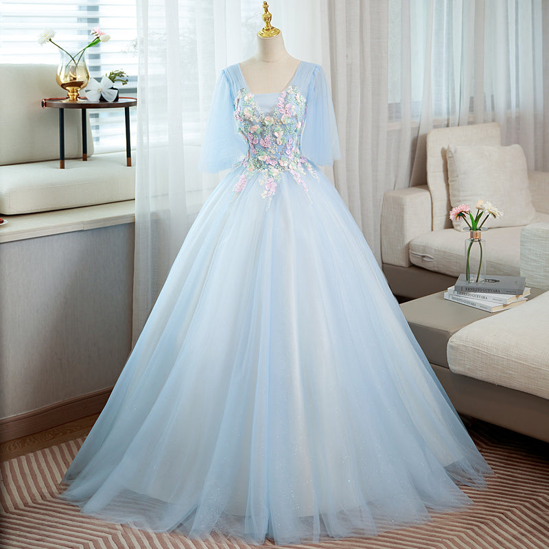 Light Blue V-neckline Long Puffy Sleeves Party Dress, Blue Evening Gow Cutedressy Light Blue V-neckline Long Puffy Sleeves Party Dress, Blue Evening Gow Cutedressy
