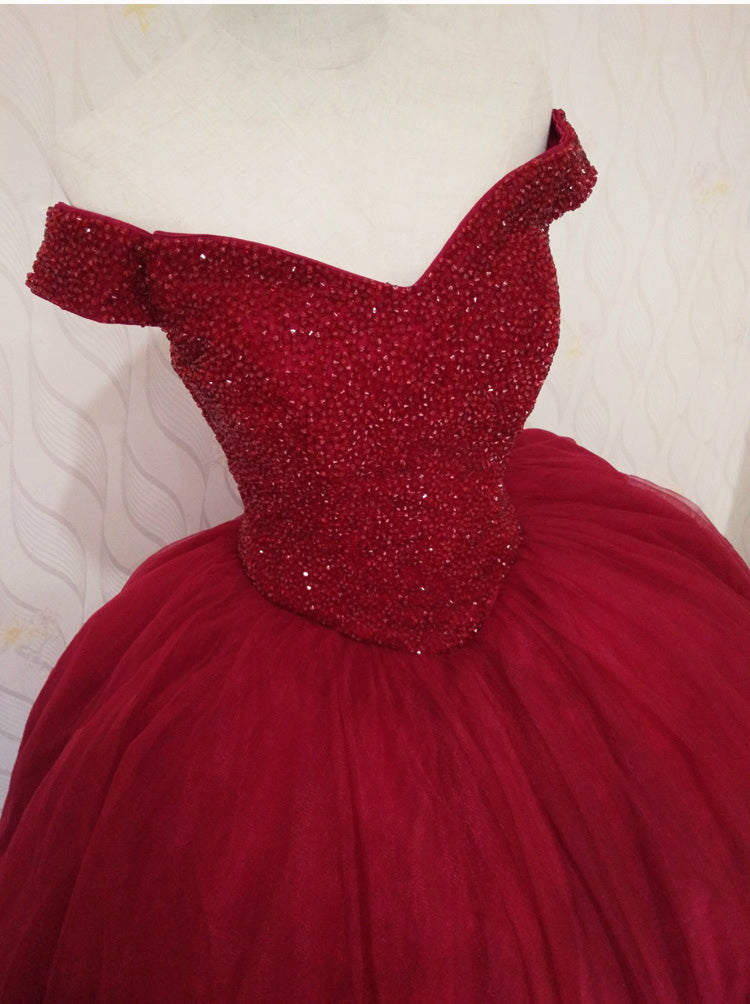 Gorgeous Red Off Shoulder Sparkle Sweet 16 Gown, Red Puffy Tulle Gown