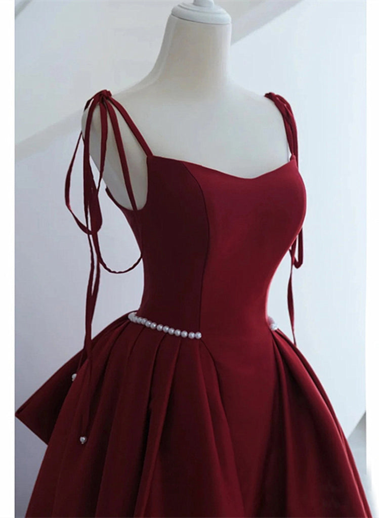 Wine Red Satin Long Formal Dress, Lace-up Fashion Straps Junior Prom D ...